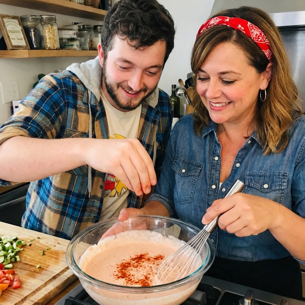 Yum yum sauce being whisked in a glass bowl with paprika visible on top