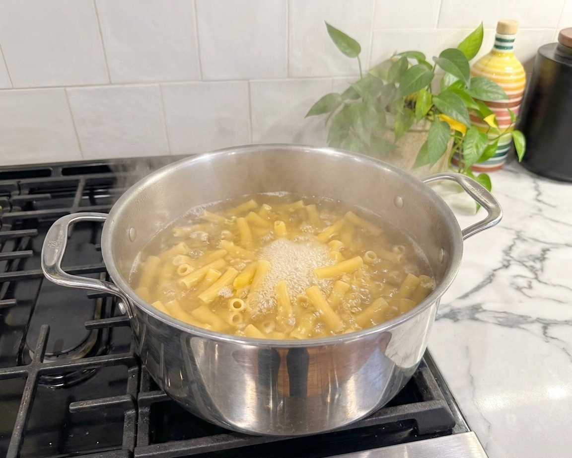 Ziti pasta boiling in a large pot of salted water on a stovetop with steam rising