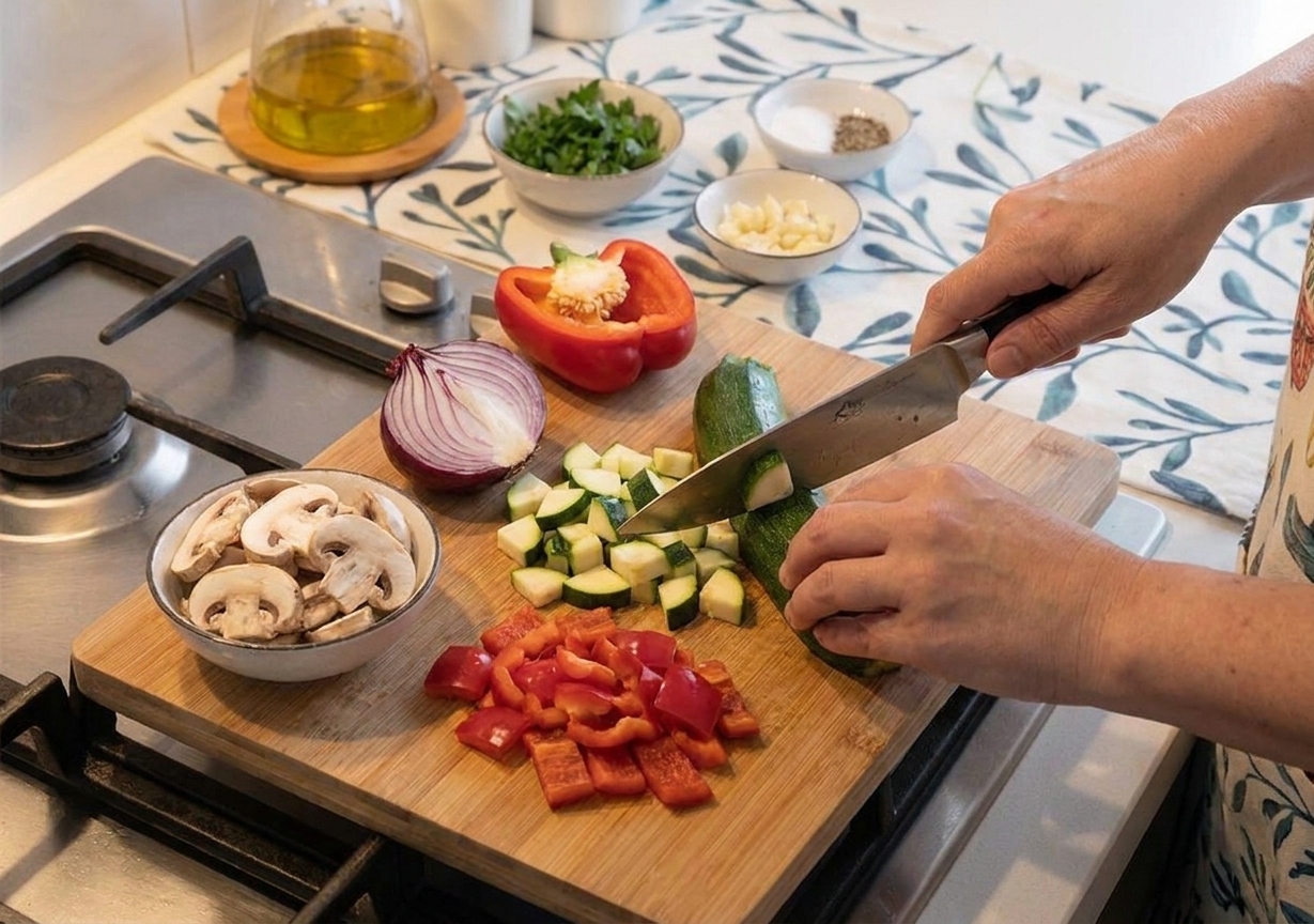 Zucchini and bell pepper being chopped on a cutting board on a warmly lit kitchen counter with mushrooms and onion nearby