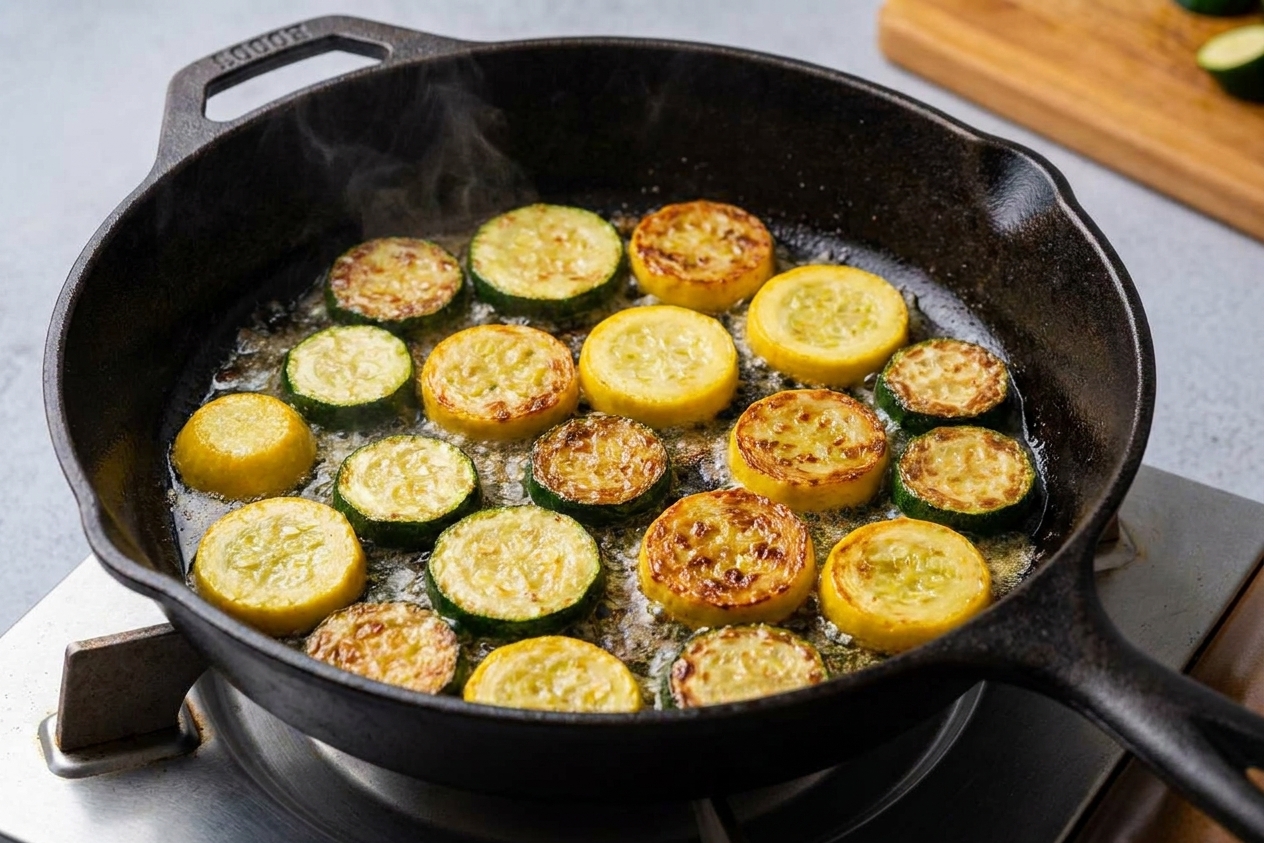Zucchini and yellow squash slices browning in a hot skillet with butter and olive oil, edges turning golden