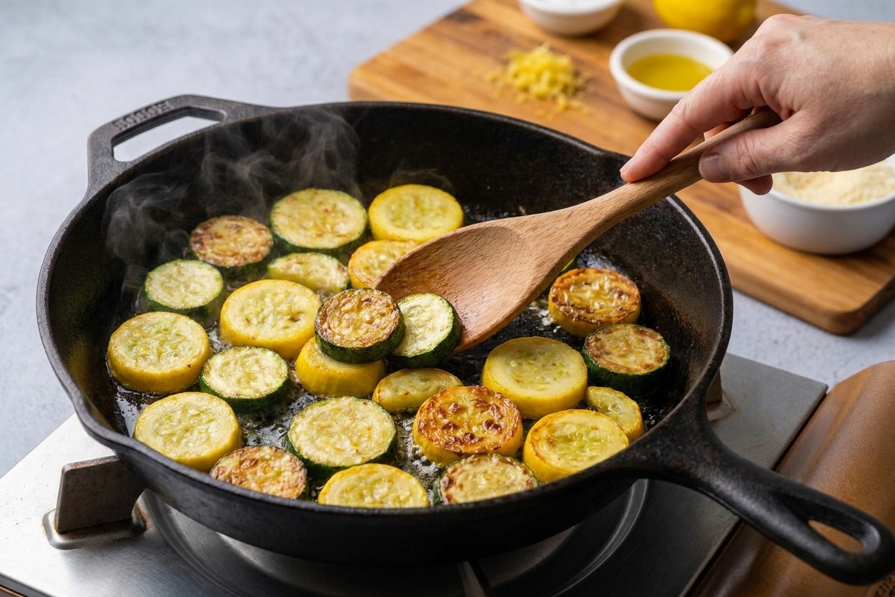Zucchini and yellow squash slices sizzling in a large skillet with visible browning and a wooden spoon stirring