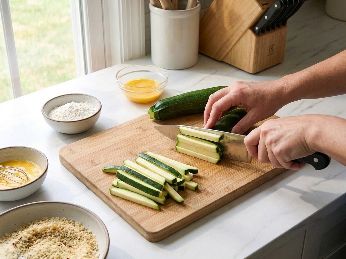 Zucchini being cut into evenly sized fry-shaped sticks on a wooden cutting board with a chef's knife