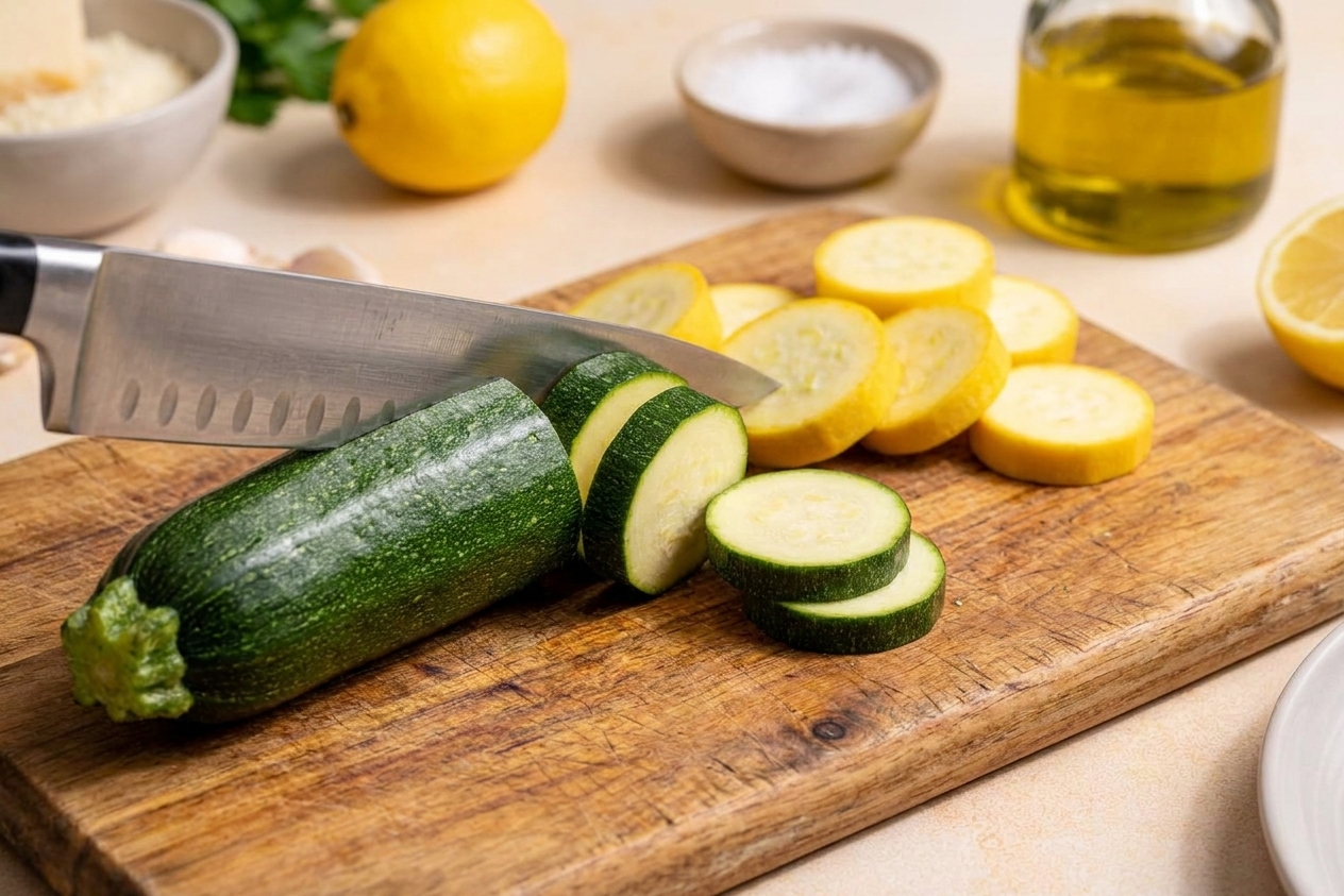 Zucchini being sliced into thick rounds on a wooden cutting board with a chef’s knife in a bright home kitchen