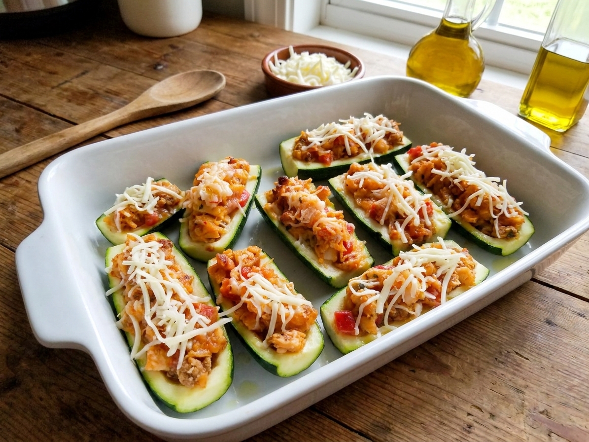 Zucchini boats filled with a meaty tomato sauce in a white baking dish, topped with shredded mozzarella before baking on a kitchen counter