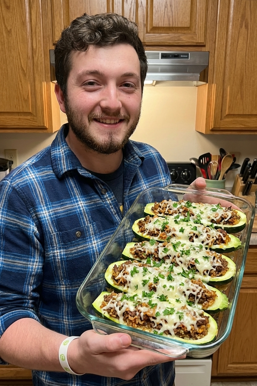 Zucchini boats in a baking dish filled with a beef and rice mixture and topped with melted cheese and parsley