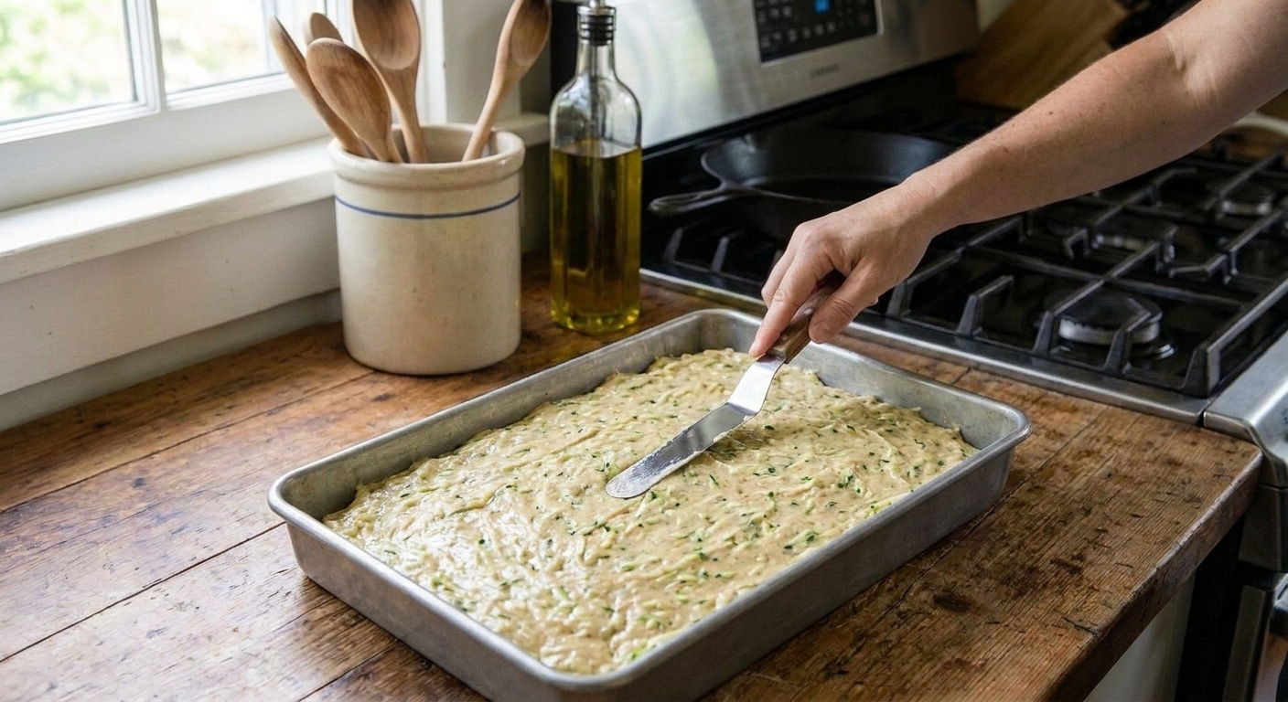 Zucchini cake batter spread evenly in a 9x13-inch baking pan on a kitchen counter