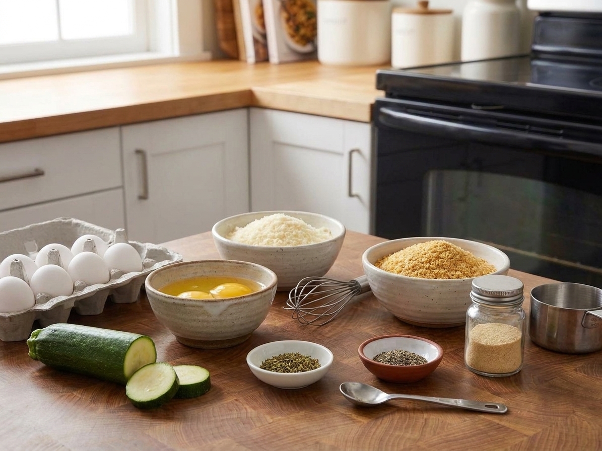 Zucchini, eggs, grated Parmesan, breadcrumbs, garlic powder, and spices arranged together on a kitchen counter