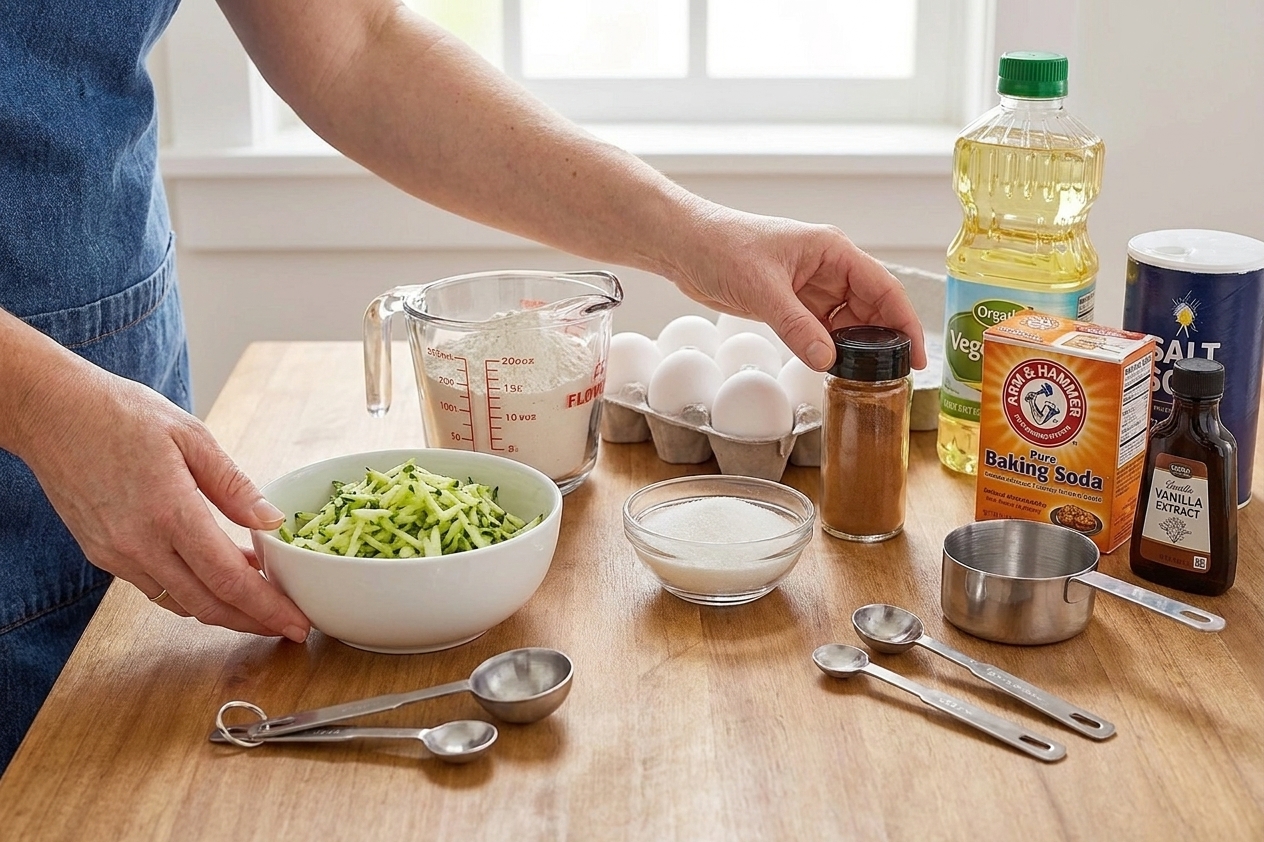Zucchini, flour, eggs, sugar, cinnamon, oil, and baking staples arranged on a clean kitchen counter with measuring cups ready