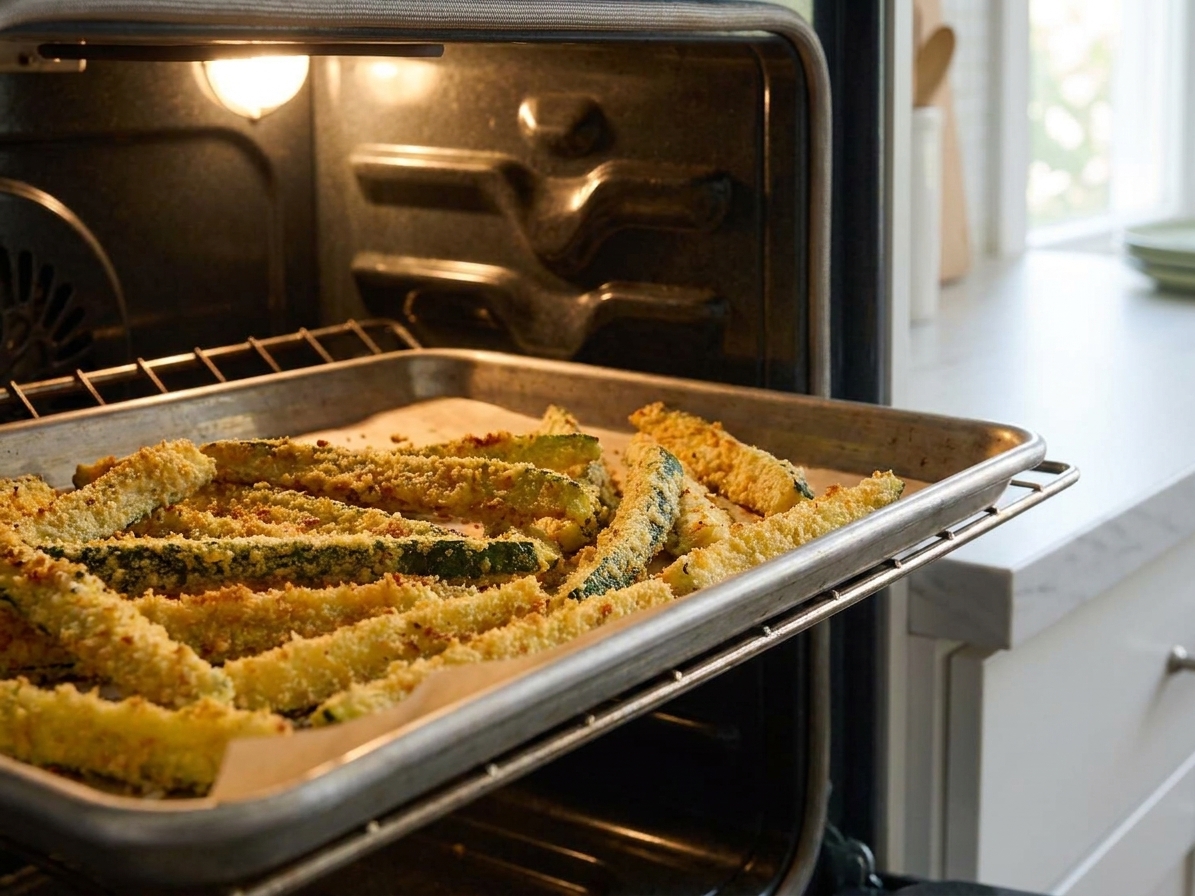 Zucchini fries warming on a sheet pan in the oven with golden edges visible