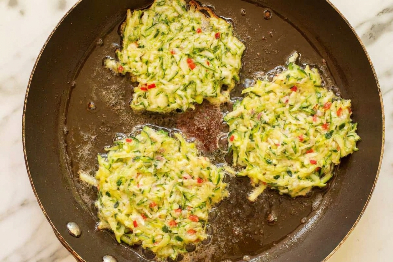 Zucchini fritters sizzling in a skillet with bubbling oil as they brown on the first side
