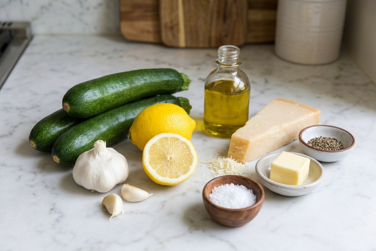 Zucchini, garlic, lemon, parmesan, olive oil, butter, salt, and pepper arranged on a bright kitchen counter