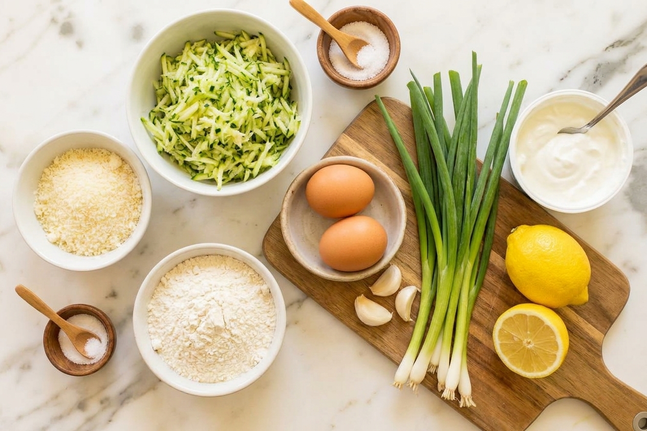 Zucchini, grated Parmesan, eggs, flour, scallions, garlic, lemon, and Greek yogurt arranged on a bright kitchen counter as recipe ingredients