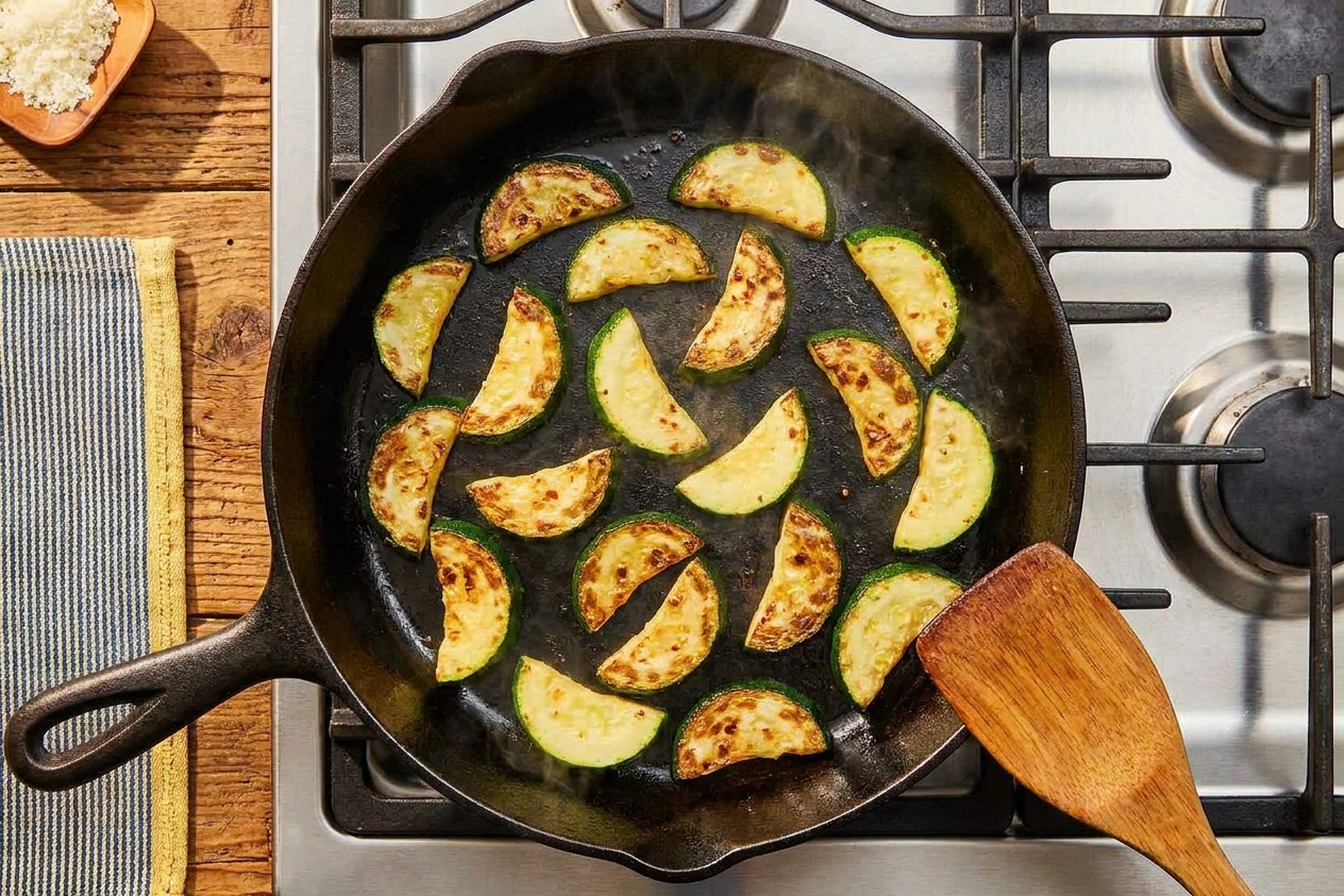 Zucchini half-moons sizzling in a large skillet with browned edges forming on a stovetop under warm kitchen lighting