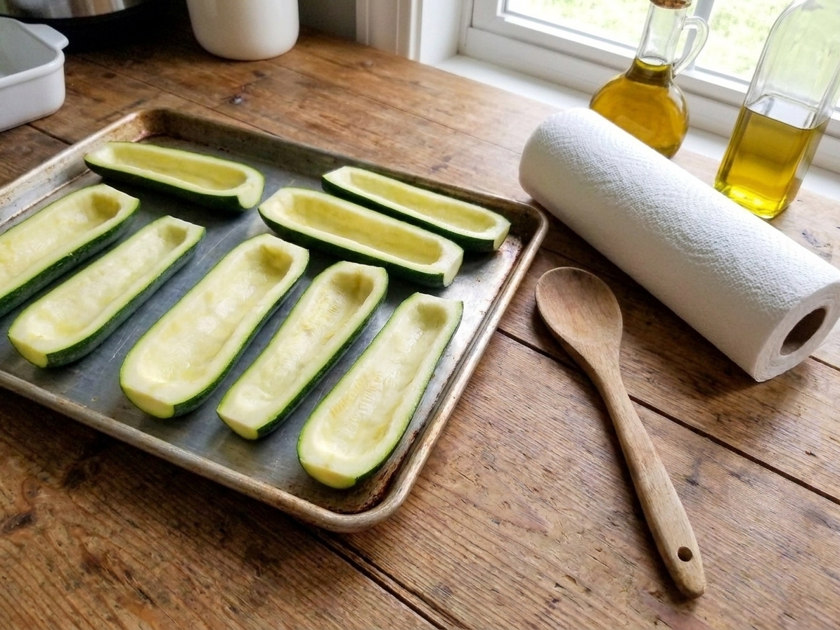 Zucchini halves hollowed into boats and arranged cut-side up on a baking sheet, with a spoon and paper towels nearby on a kitchen counter