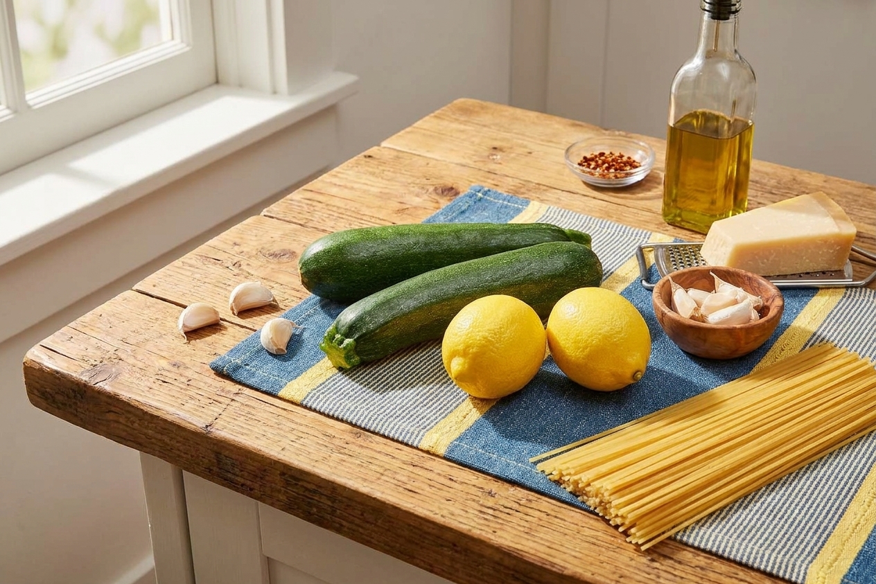 Zucchini, lemons, garlic, Parmesan, olive oil, red pepper flakes, and dried spaghetti arranged on a clean kitchen counter in natural light