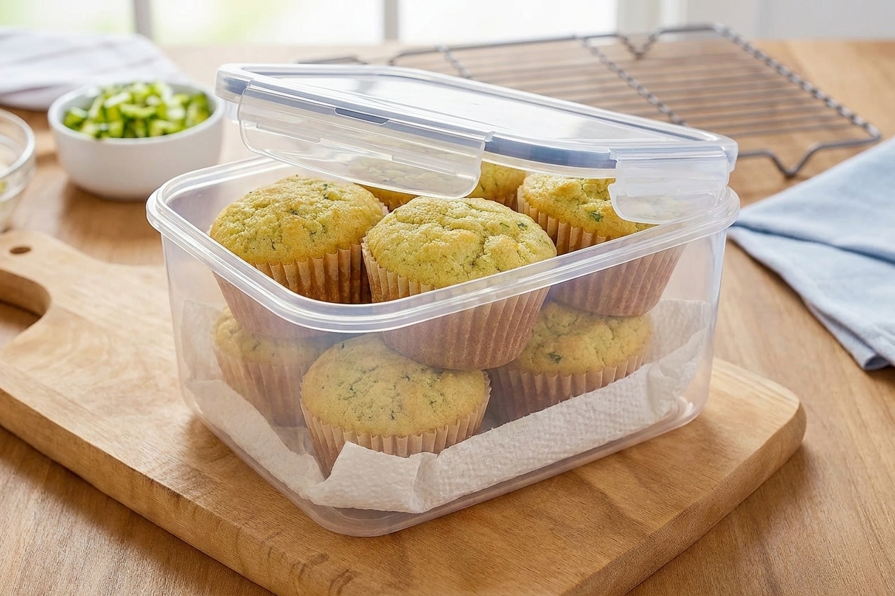 Zucchini muffins stacked in an airtight container lined with paper towels on a kitchen counter