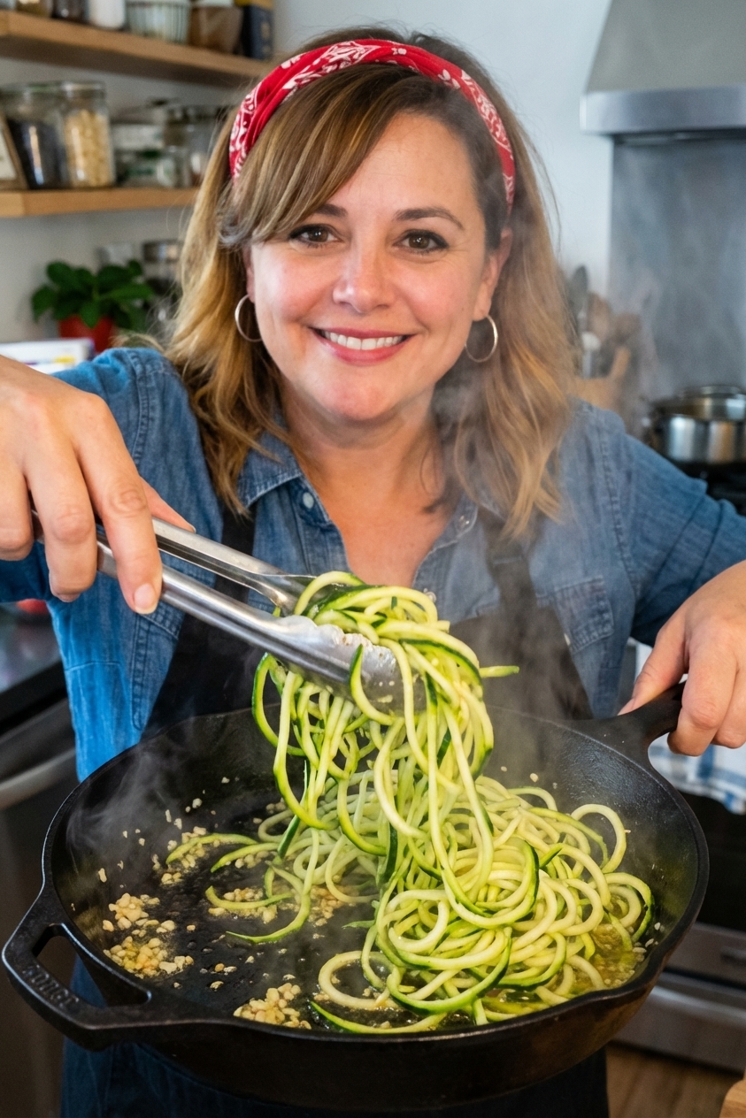 Zucchini noodles being tossed with tongs in a hot skillet with minced garlic and olive oil, steam rising, close up cooking action shot, photorealistic food photography