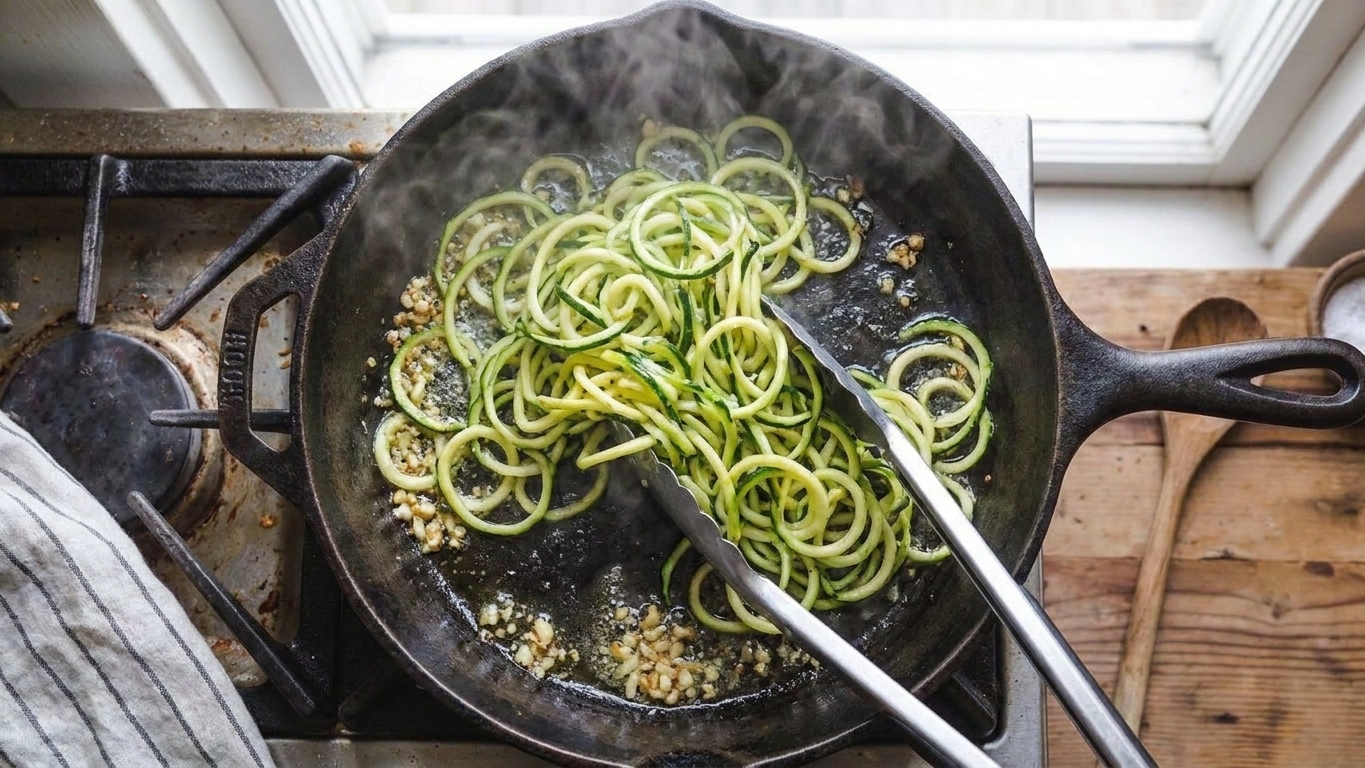 Zucchini noodles being tossed with tongs in a hot skillet, steam rising lightly