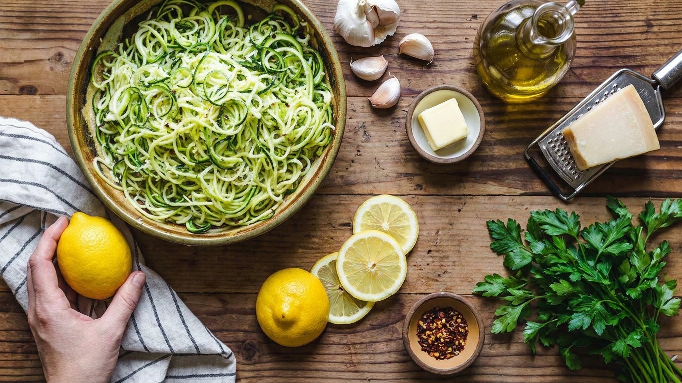 Zucchini noodles, garlic cloves, lemon, butter, olive oil, Parmesan, parsley, and red pepper flakes arranged on a kitchen counter