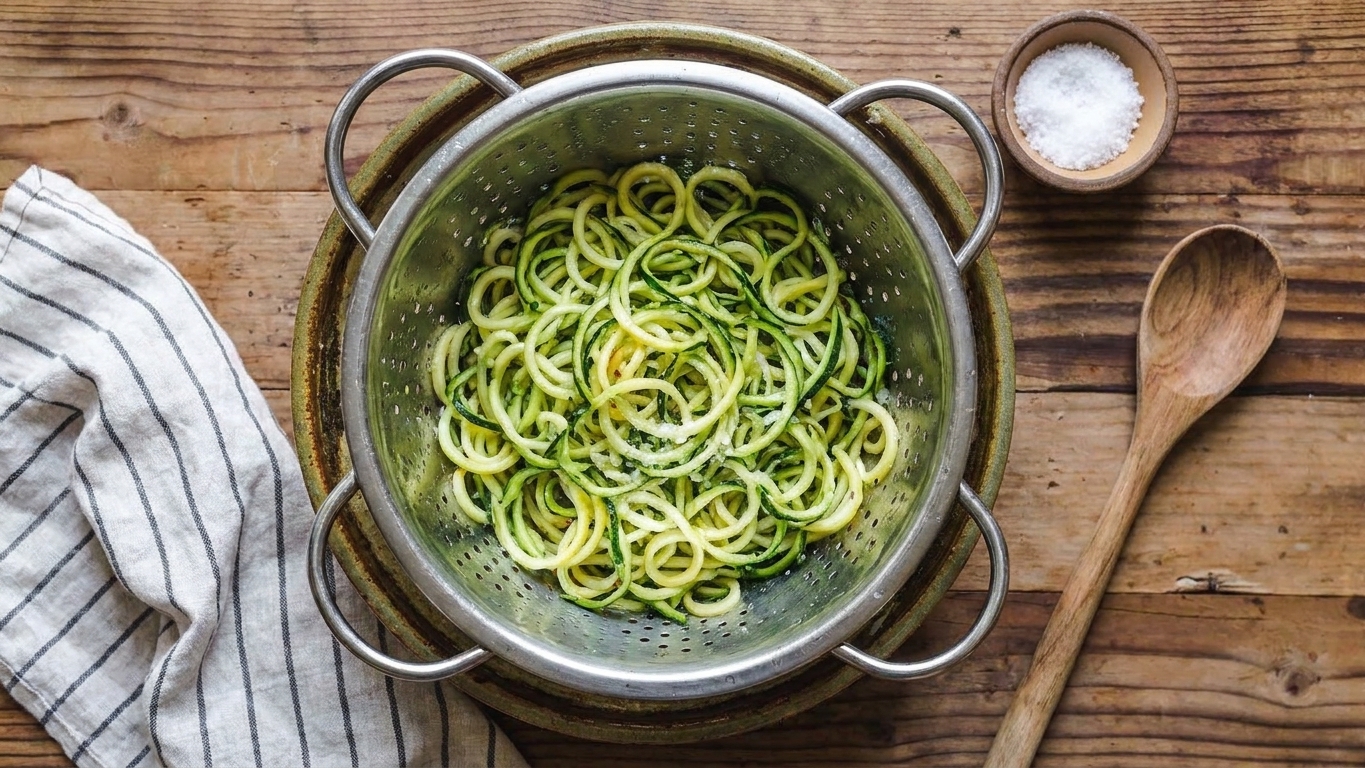Zucchini noodles resting in a colander after being salted, set over a bowl on a kitchen counter