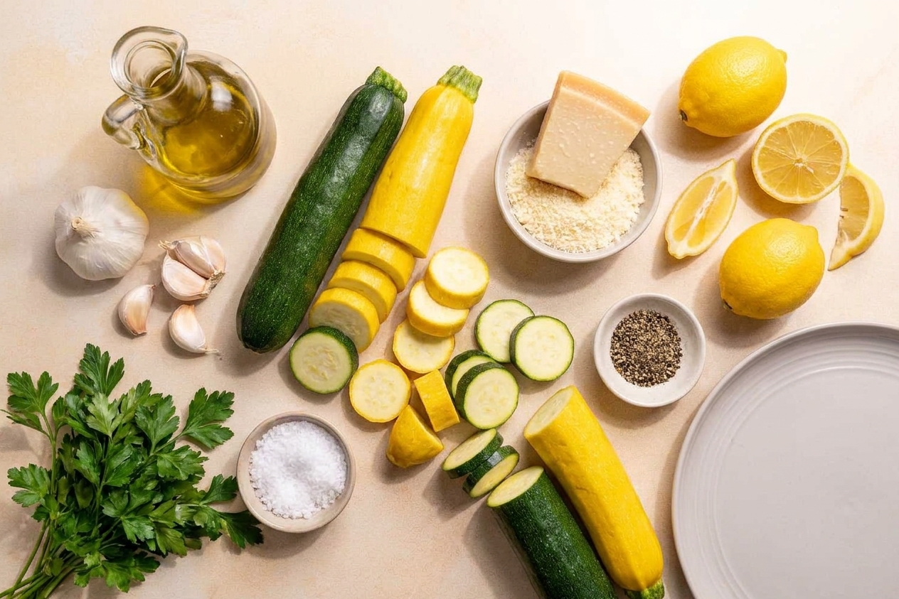 Zucchini, olive oil, garlic, lemon, Parmesan, salt, pepper, and parsley arranged on a light-colored kitchen counter