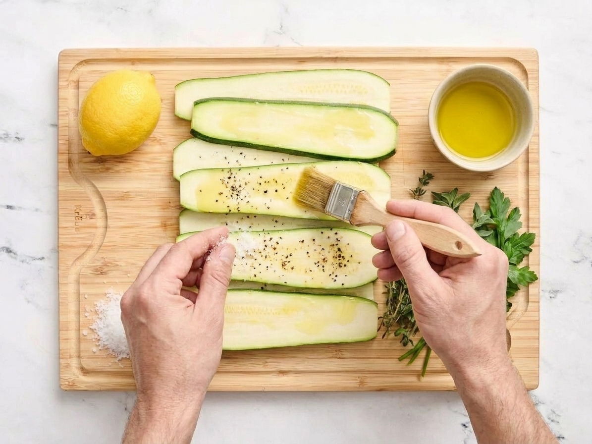Zucchini planks being coated with olive oil, salt, and pepper before grilling
