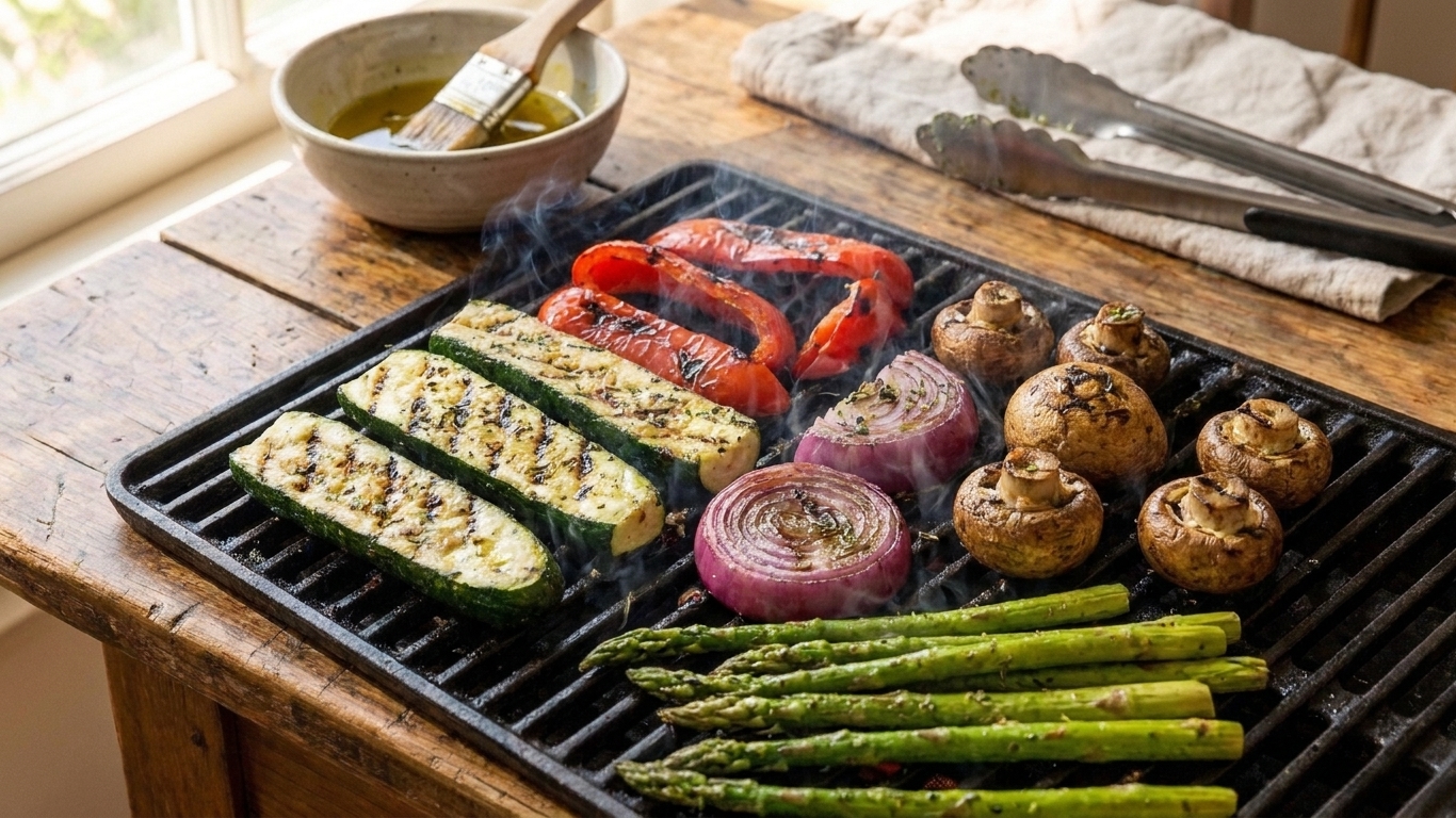 Zucchini planks, bell pepper strips, onion wedges, mushrooms, and asparagus cooking directly on grill grates with visible char marks and light smoke