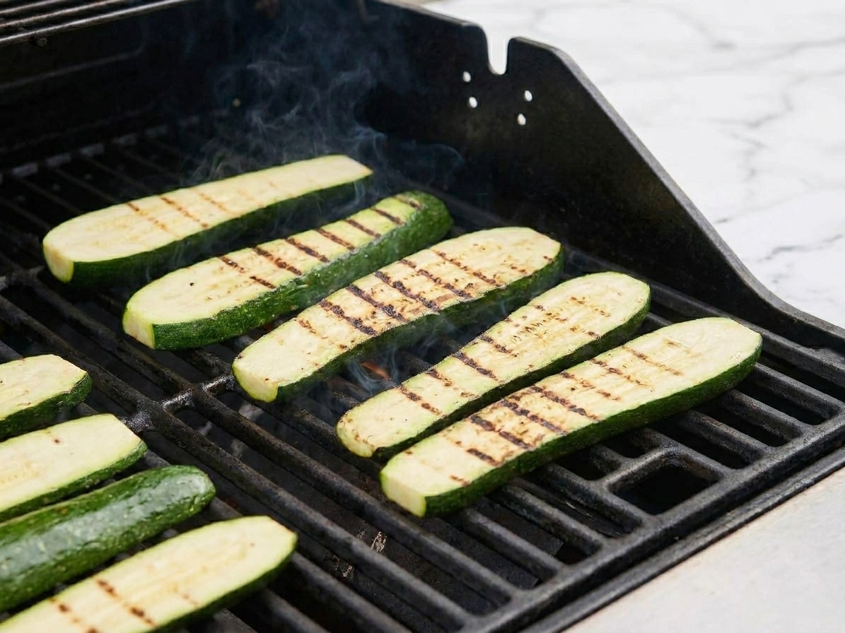 Zucchini planks cooking on a barbecue grill with visible char marks forming