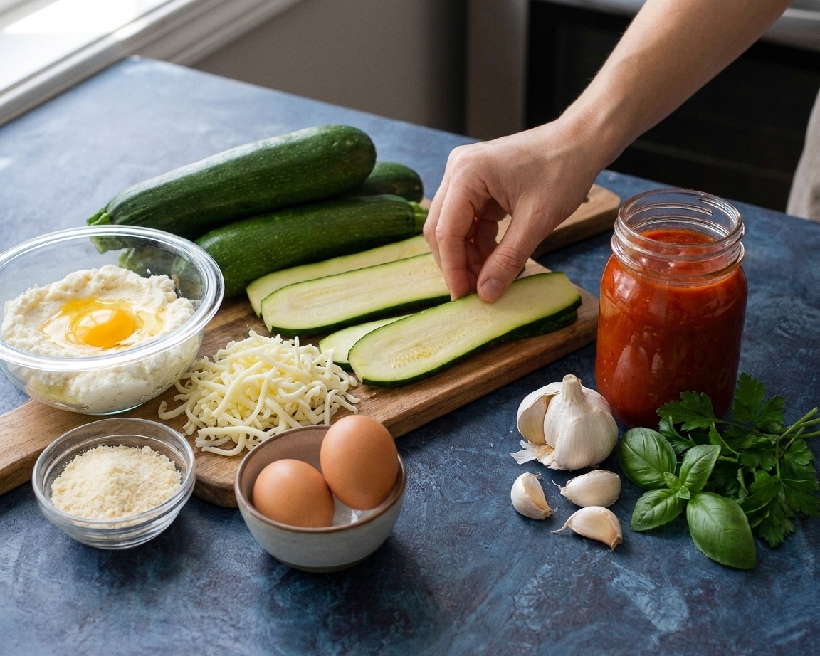 Zucchini, ricotta, shredded mozzarella, parmesan, eggs, marinara, garlic, and herbs arranged on a clean kitchen counter, ready for prepping