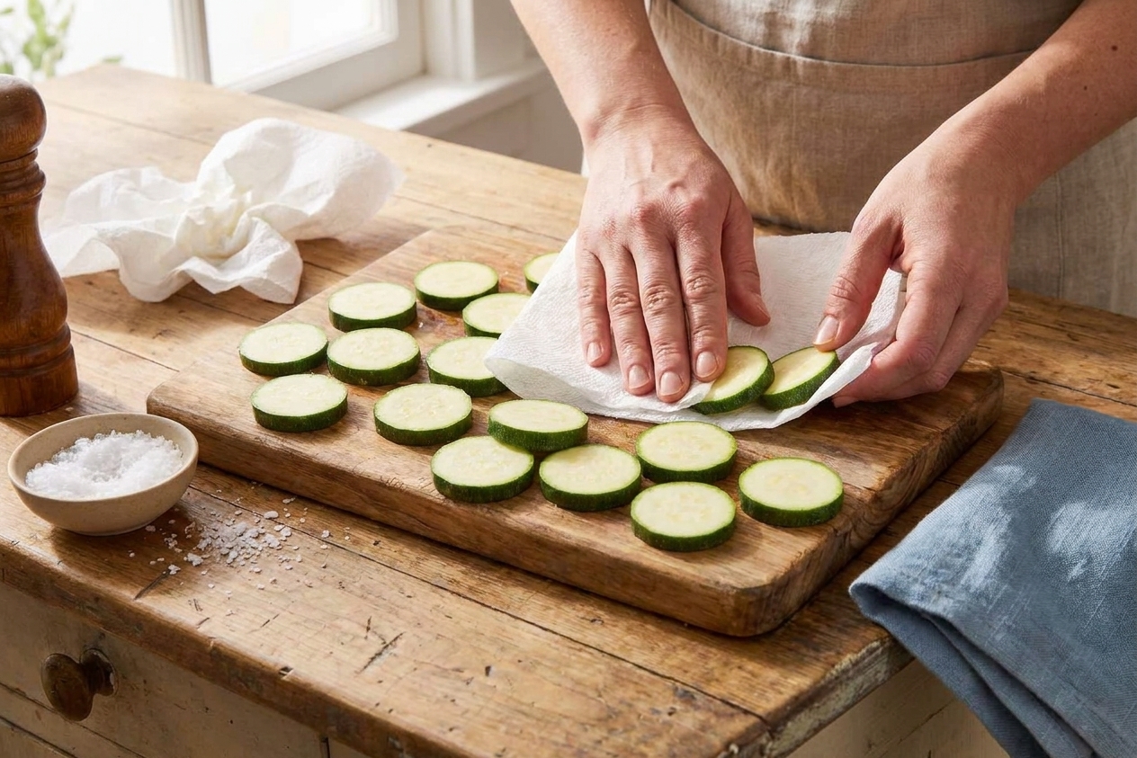 Zucchini rounds being gently patted dry with paper towels on a kitchen counter before seasoning
