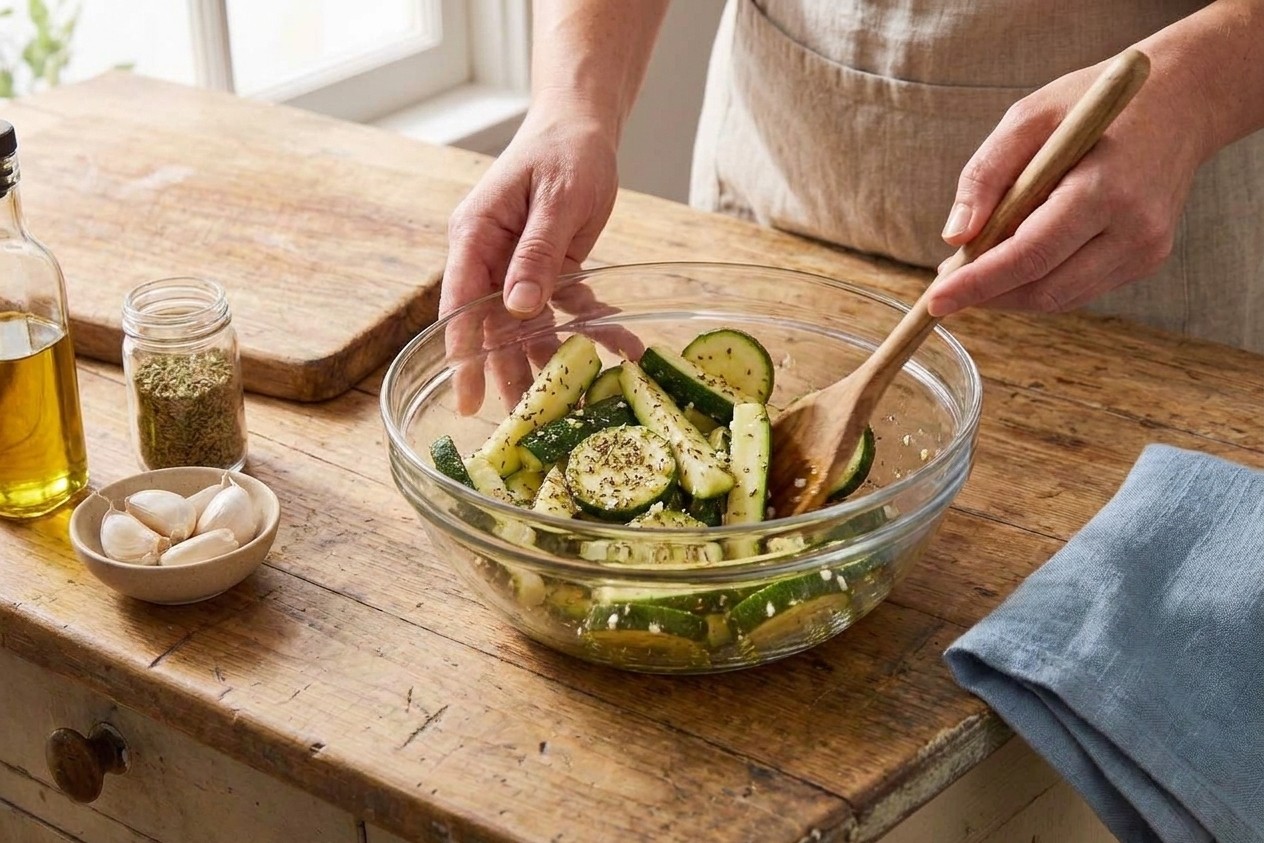 Zucchini slices being tossed with olive oil, minced garlic, and dried herbs in a clear mixing bowl on a kitchen counter