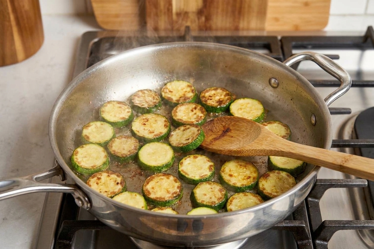 Zucchini slices sizzling and browning in a large skillet on a stovetop with a wooden spoon nearby