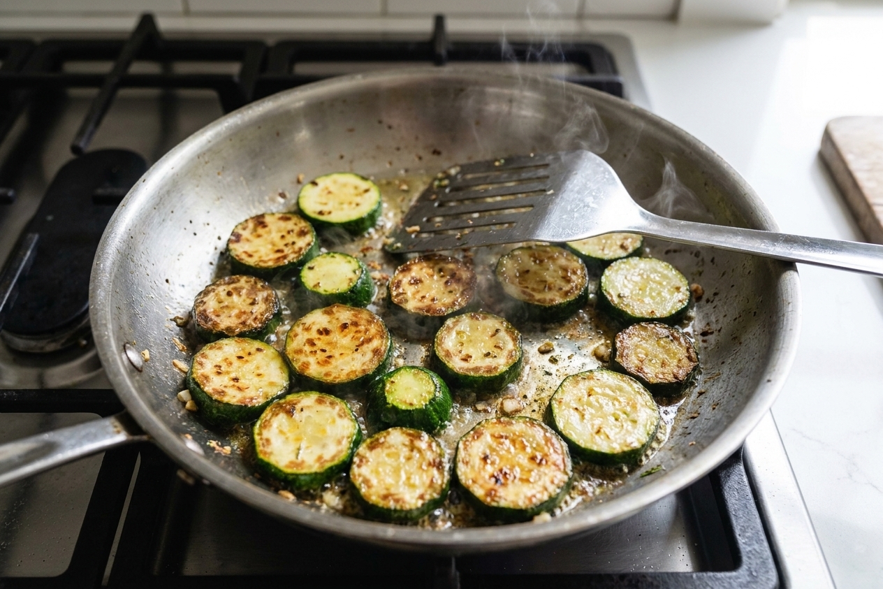 Zucchini slices sizzling in a stainless steel skillet with visible golden browning on the edges on a home stovetop