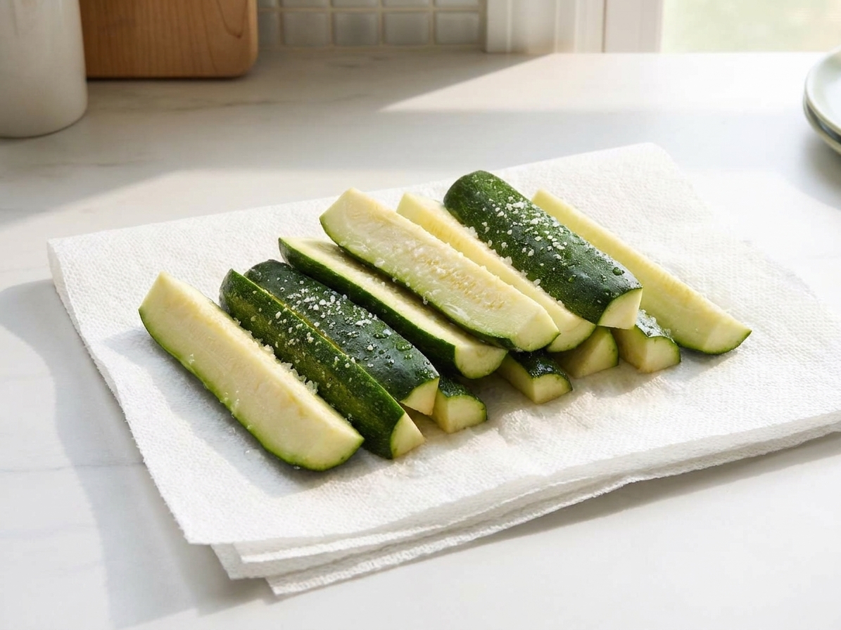 Zucchini sticks resting on paper towels after being salted to draw out moisture