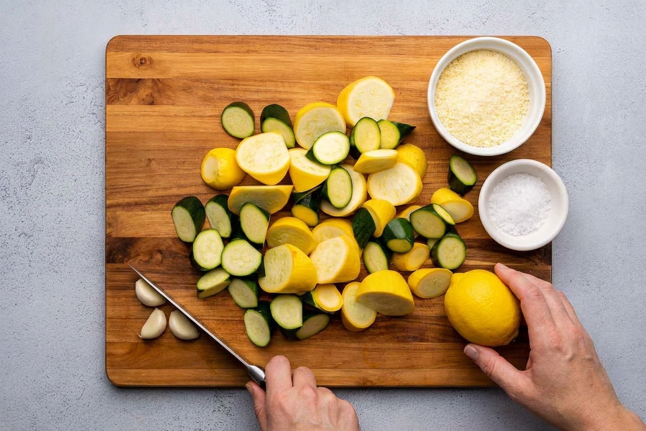 Zucchini, yellow squash, garlic cloves, a lemon, Parmesan, and a small bowl of salt on a light kitchen counter with a cutting board